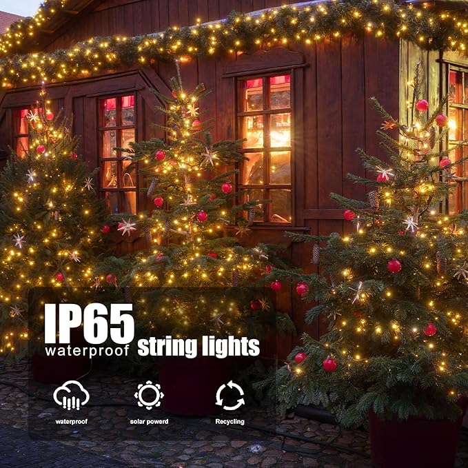 2 Pack 72FT Solar String Lights 200 LED Warm White IP65 Waterproof Outdoor Lights