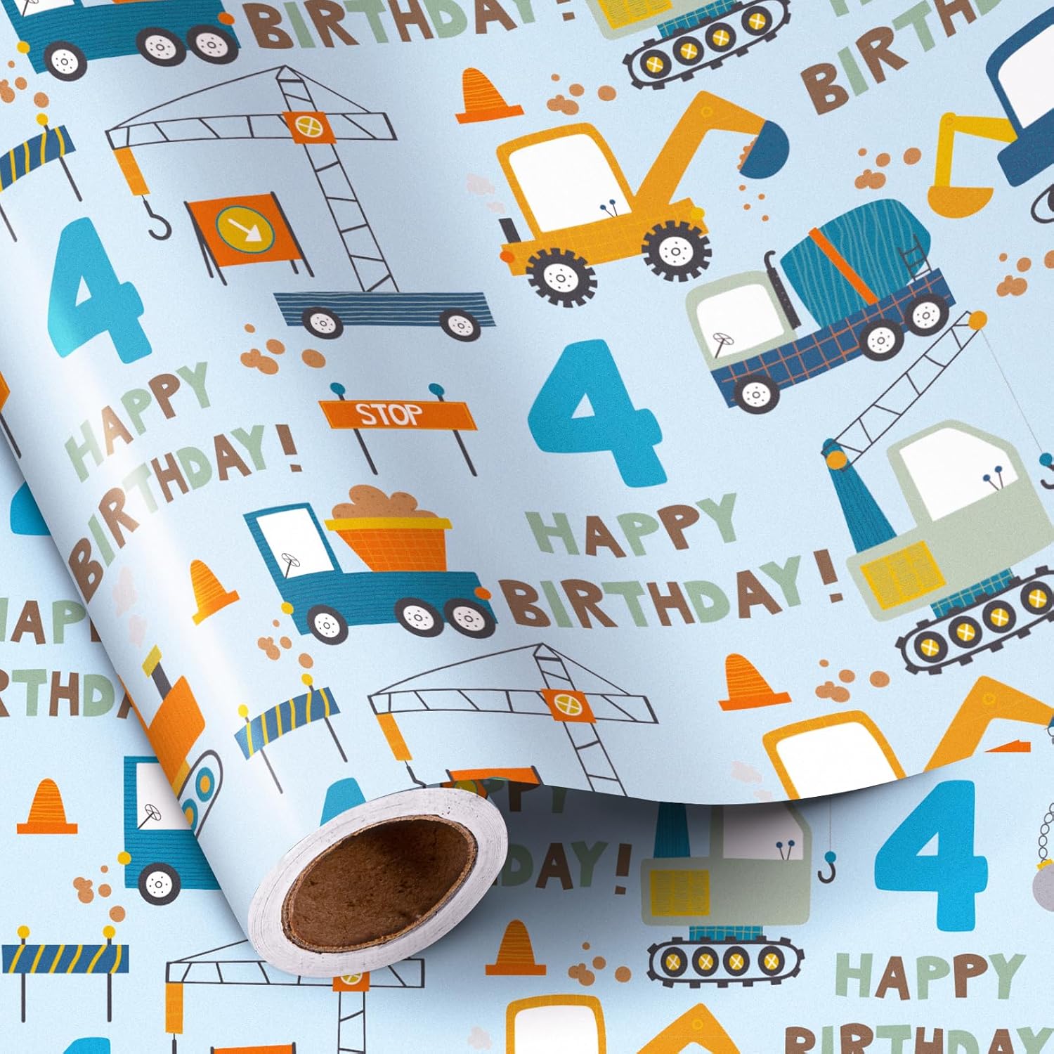 4Th Birthday Wrapping Paper For Boy - Mini Roll - Blue Cartoon Cars Trucks And Happy Birthday Text Pattern For Boys' Or Kids' Birthday Party And More - 17 Inches X 16.4 Feet - 4 Years Old
