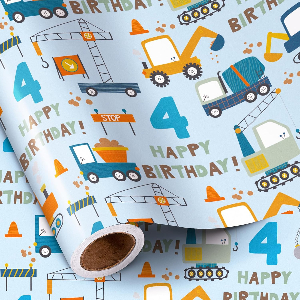 4Th Birthday Wrapping Paper For Boy - Mini Roll - Blue Cartoon Cars Trucks And Happy Birthday Text Pattern For Boys' Or Kids' Birthday Party And More - 17 Inches X 16.4 Feet - 4 Years Old