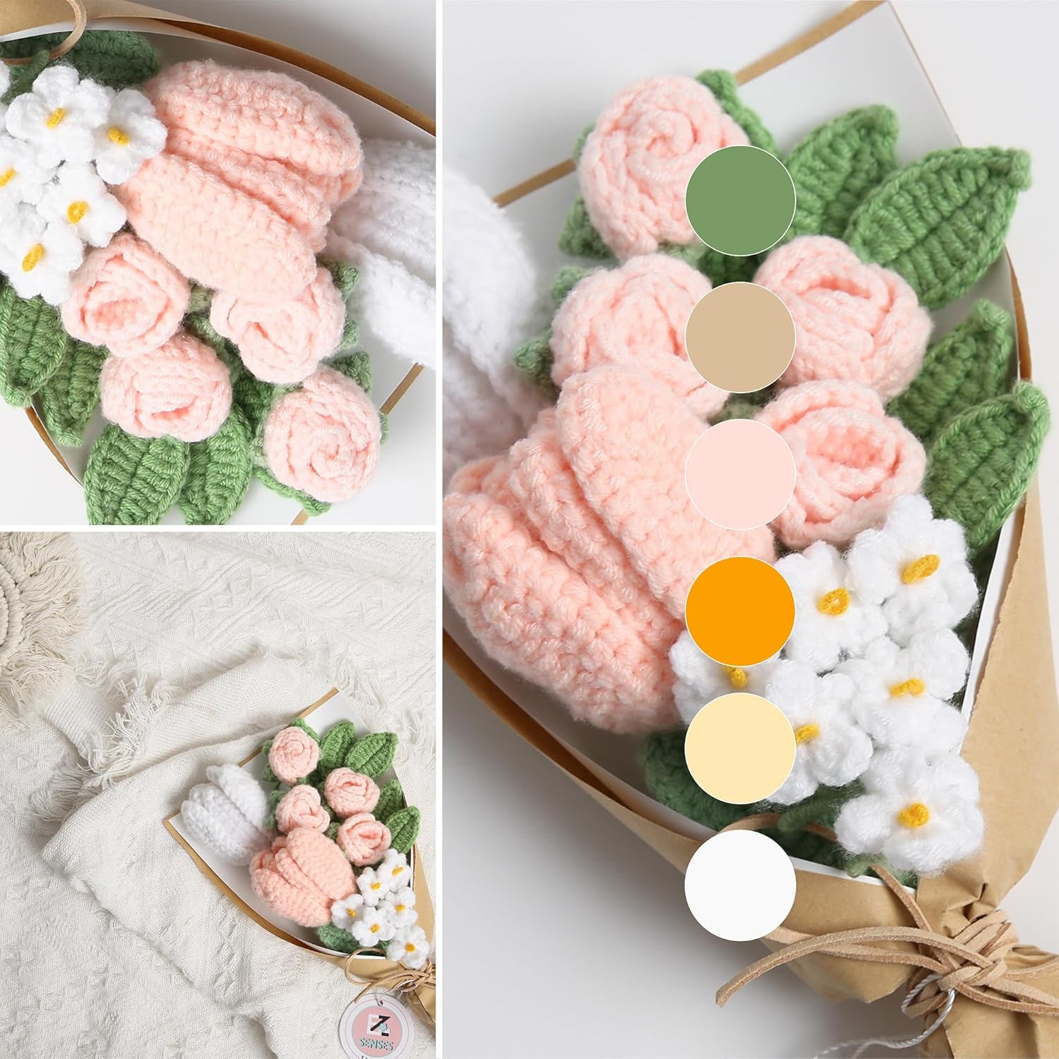 Crochet Flower Bouquet With Greeting Card And Gift Bag, Handmade Artificial Knitted Rose And Tulip In Soft Pink, Warm Faux Flowers Bouquet For Mother'S Day, Wedding, Birthdays, Valentine'S Day