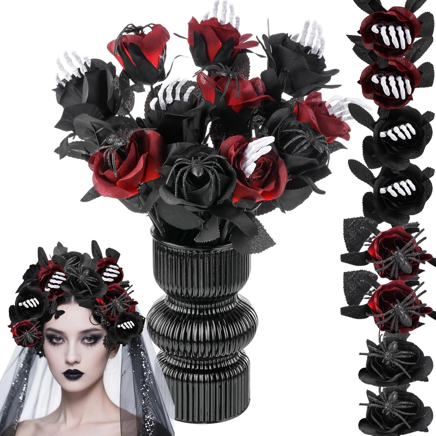 12 Pcs Halloween Artificial Roses Bouquet Long Stem Faux Red And Black Roses Bundles Fake Flowers With Skeleton Spider Halloween Floral Picks For Vase Arrangements Table Decorations