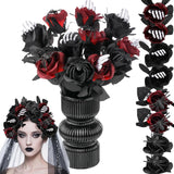 12 Pcs Halloween Artificial Roses Bouquet Long Stem Faux Red And Black Roses Bundles Fake Flowers With Skeleton Spider Halloween Floral Picks For Vase Arrangements Table Decorations