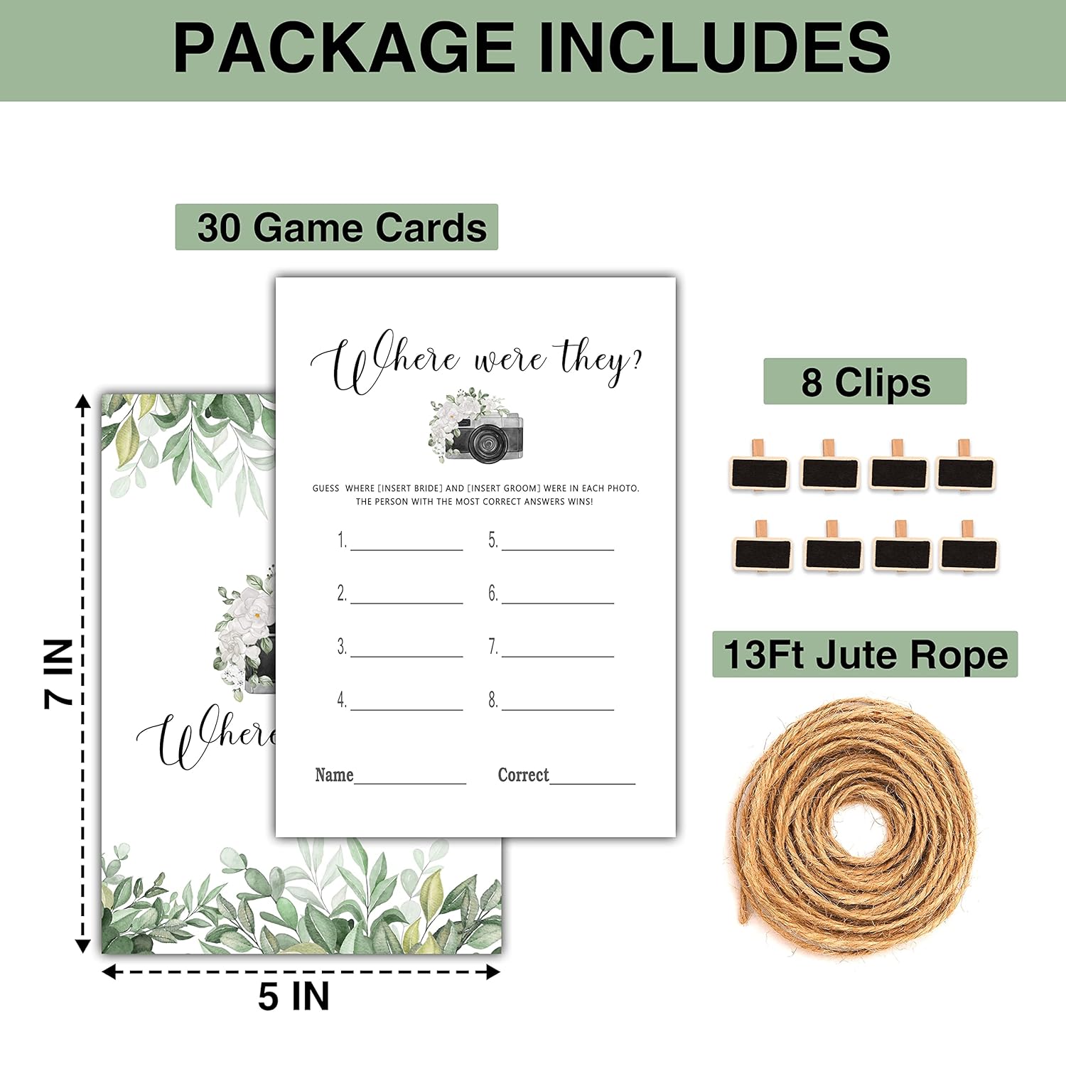 Bridal Shower Games - Where Were They Wedding Shower Party Card Game - Couples Photo Game - Greenery Eucalyptus Themed Bachelorette/Engagement Party Supplies Activities Decorations (A01)
