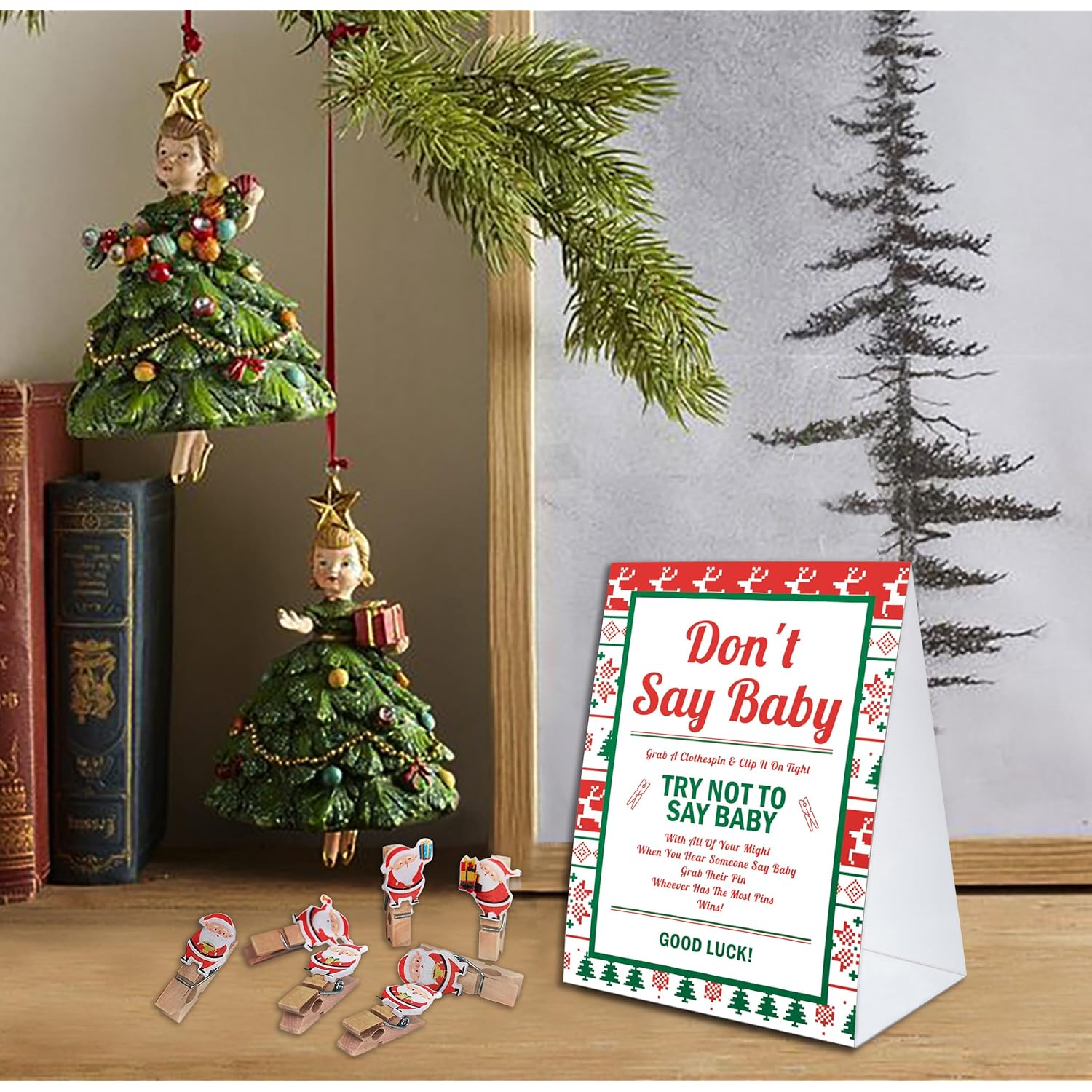Don'T Say Baby Game,Christmas Baby Shower Game,50 Cute Christmas Featured Wooden Clothespins And One Sign, Christmas Baby Shower Decorations, Christmas Gender Reveal-Dsbb11