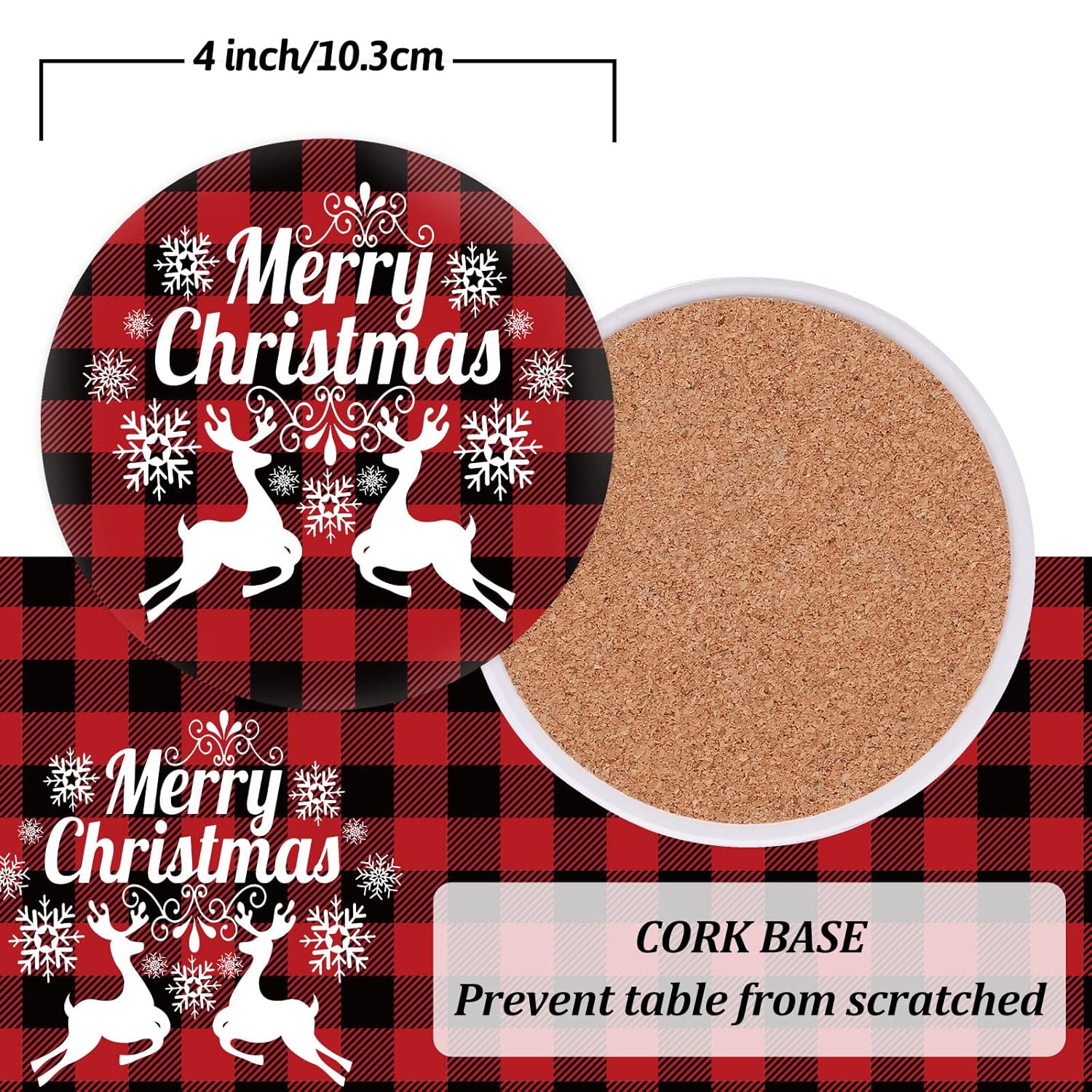Merry Christmas Coasters Set Of 4 Red Black Buffalo Plaids Drink Coaster Xmas Tree Truck Reindeer Absorbent Ceramic Coaster Holiday Cup Mat For Mugs Cups Home Kitchen Office Party Table Decor