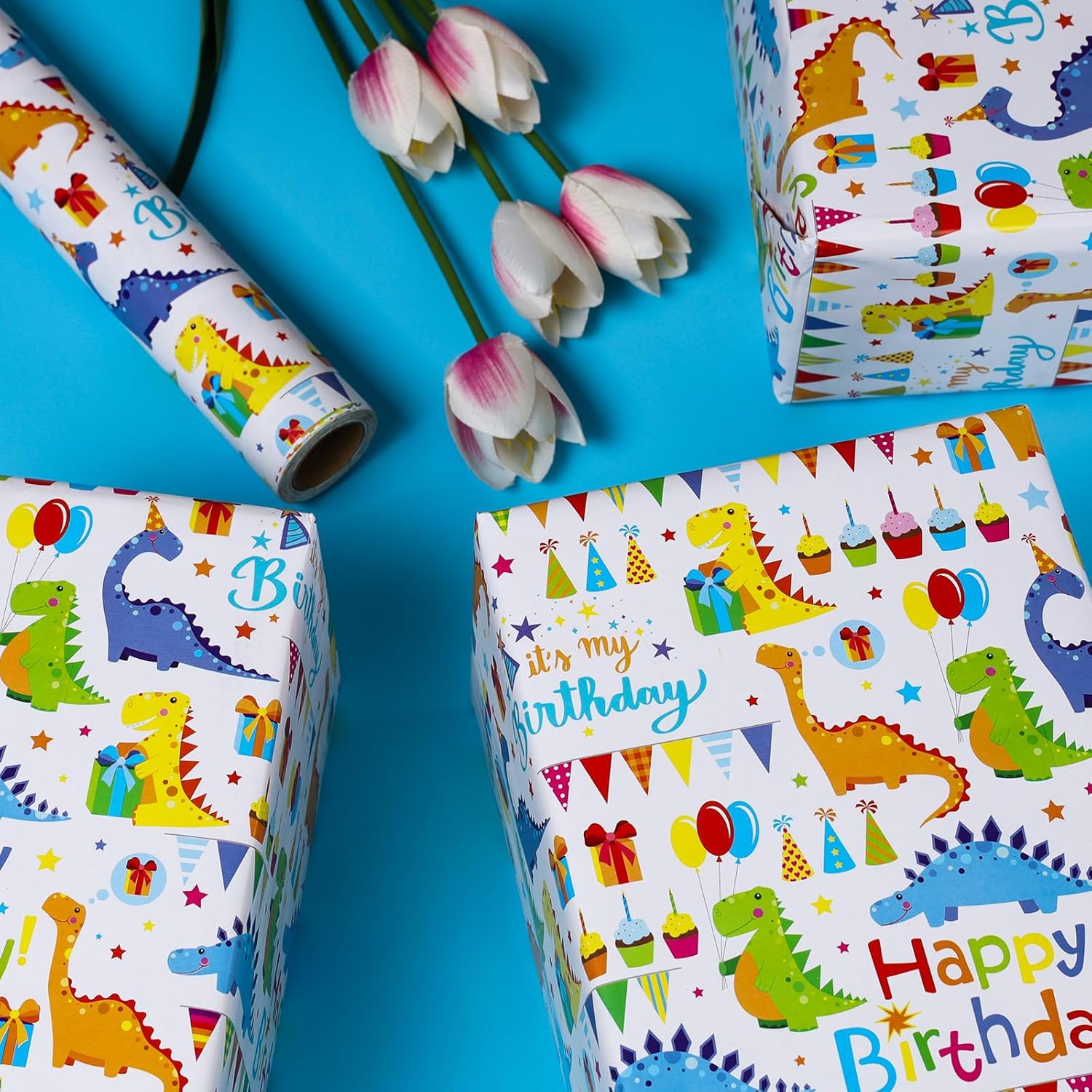 Dinosaurs Wrapping Paper Roll 17 Inch X 10 Ft Mini Roll Happy Birthday Wrapping Paper Rolls For Boys Girls Kids Cute Colorful Dino Gift Wrap Paper For Bday,Party,Holiday,Baby Showers,Christmas