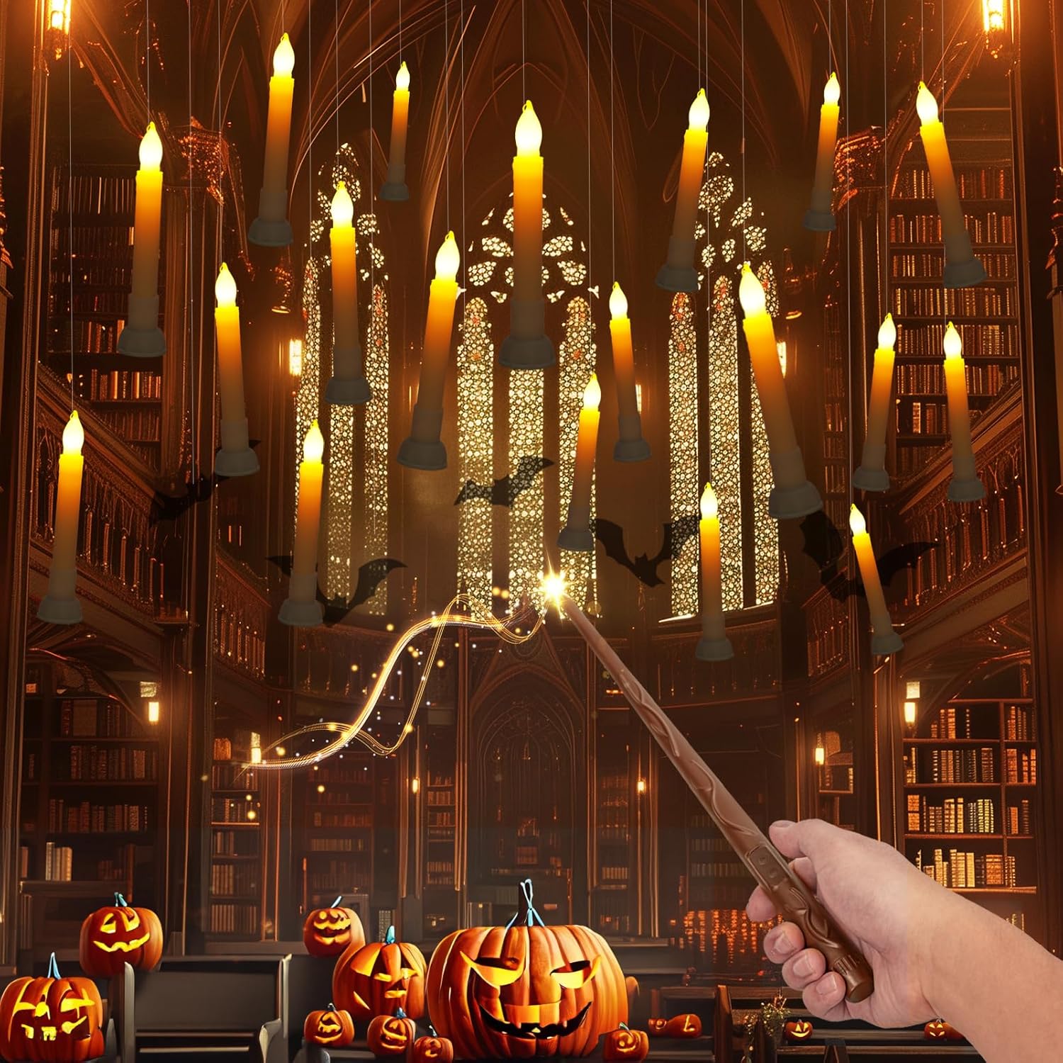 Batteries Included Floating Candles With Wand Remote, 12Pcs Flickering Warm Light Flameless Taper Candles, Magic Hanging Candles With Base For Birthday Party, Halloween Decorations