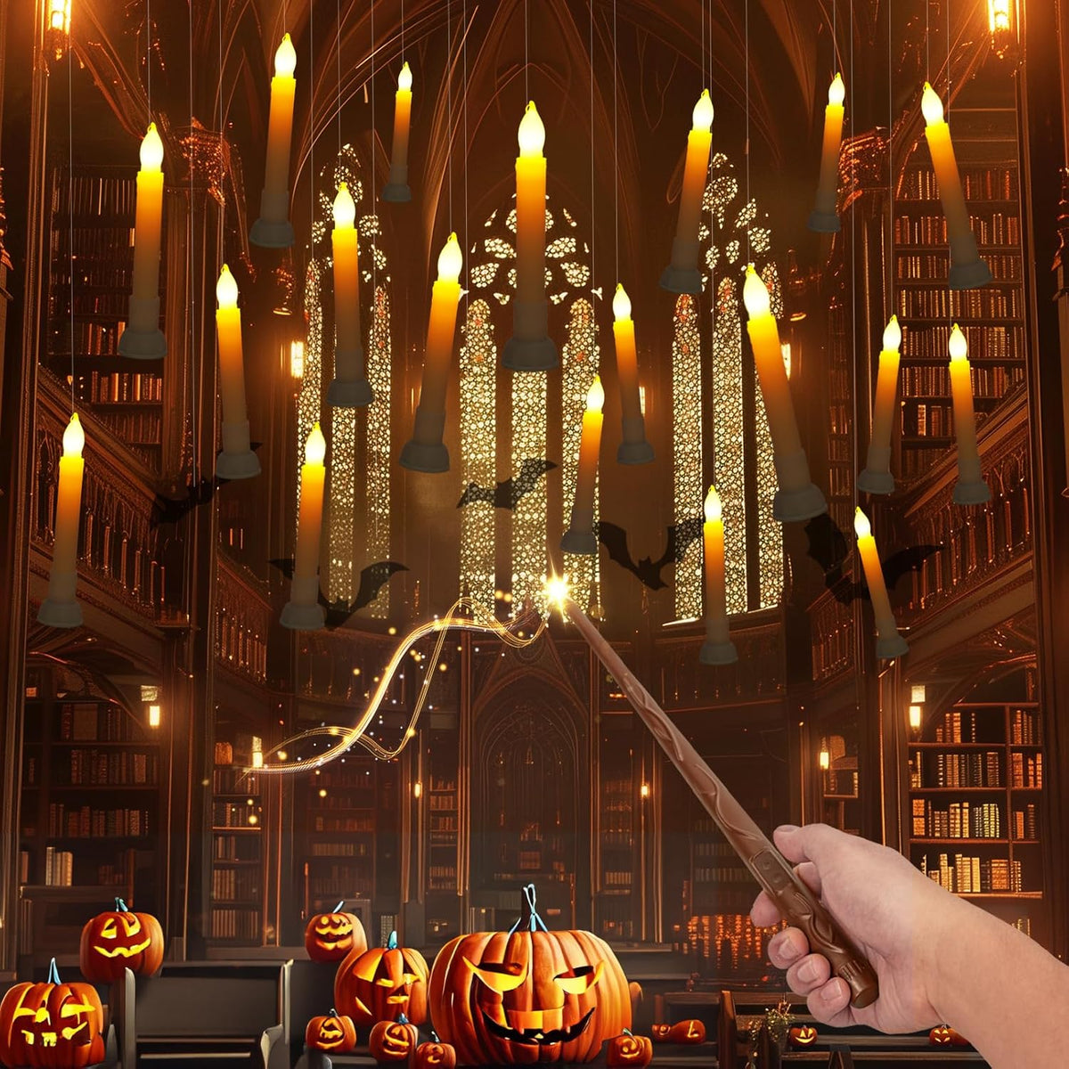 Batteries Included Floating Candles With Wand Remote, 12Pcs Flickering Warm Light Flameless Taper Candles, Magic Hanging Candles With Base For Birthday Party, Halloween Decorations