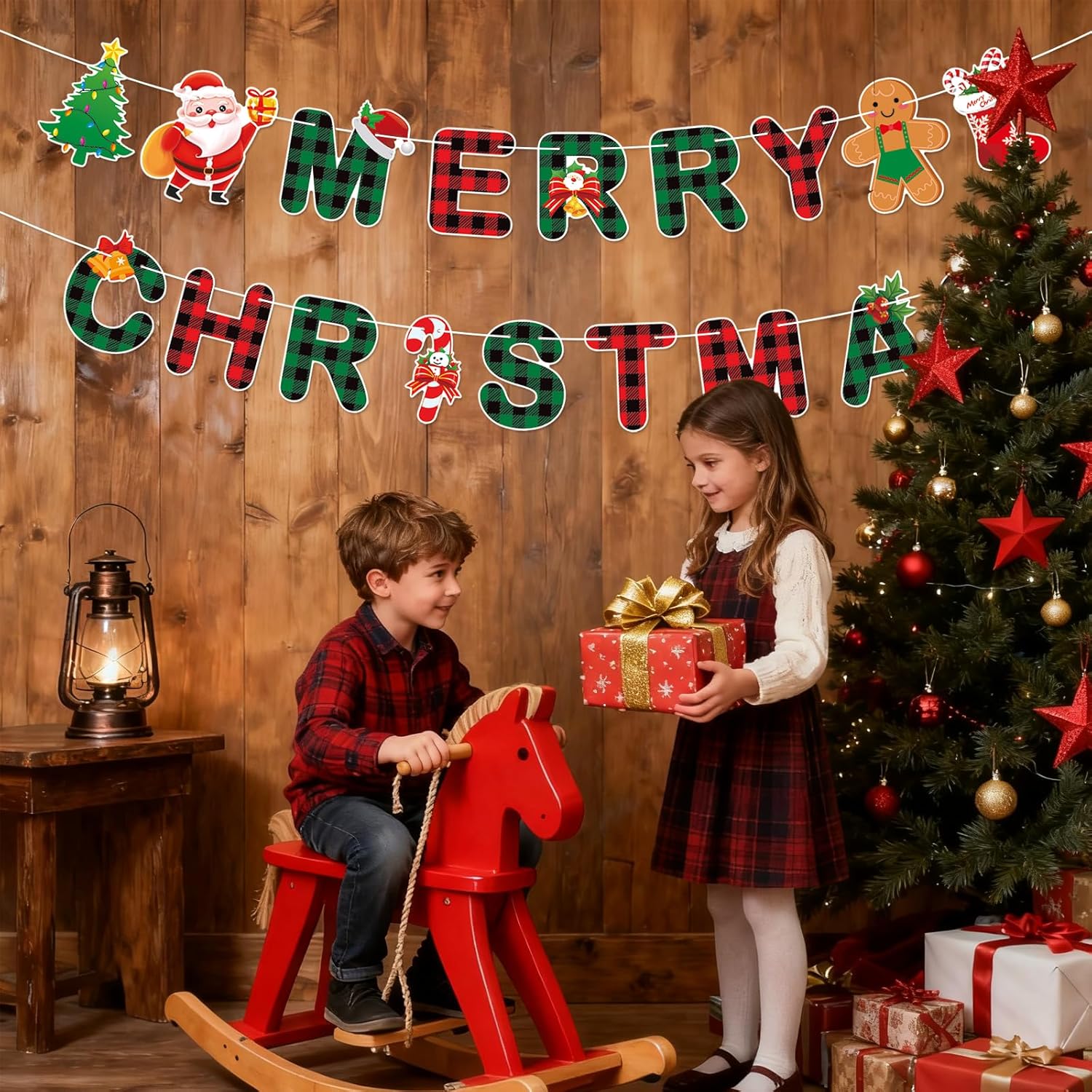 Merry Christmas Banner,Pre-Strung Red Green Buffalo Plaid Christmas Banner, Gingerbread Xmas Tree Garland Sign For Christmas Party Decorations,Indoor,Home, Office,Fireplace,Wall,Windows,Holiday Decor