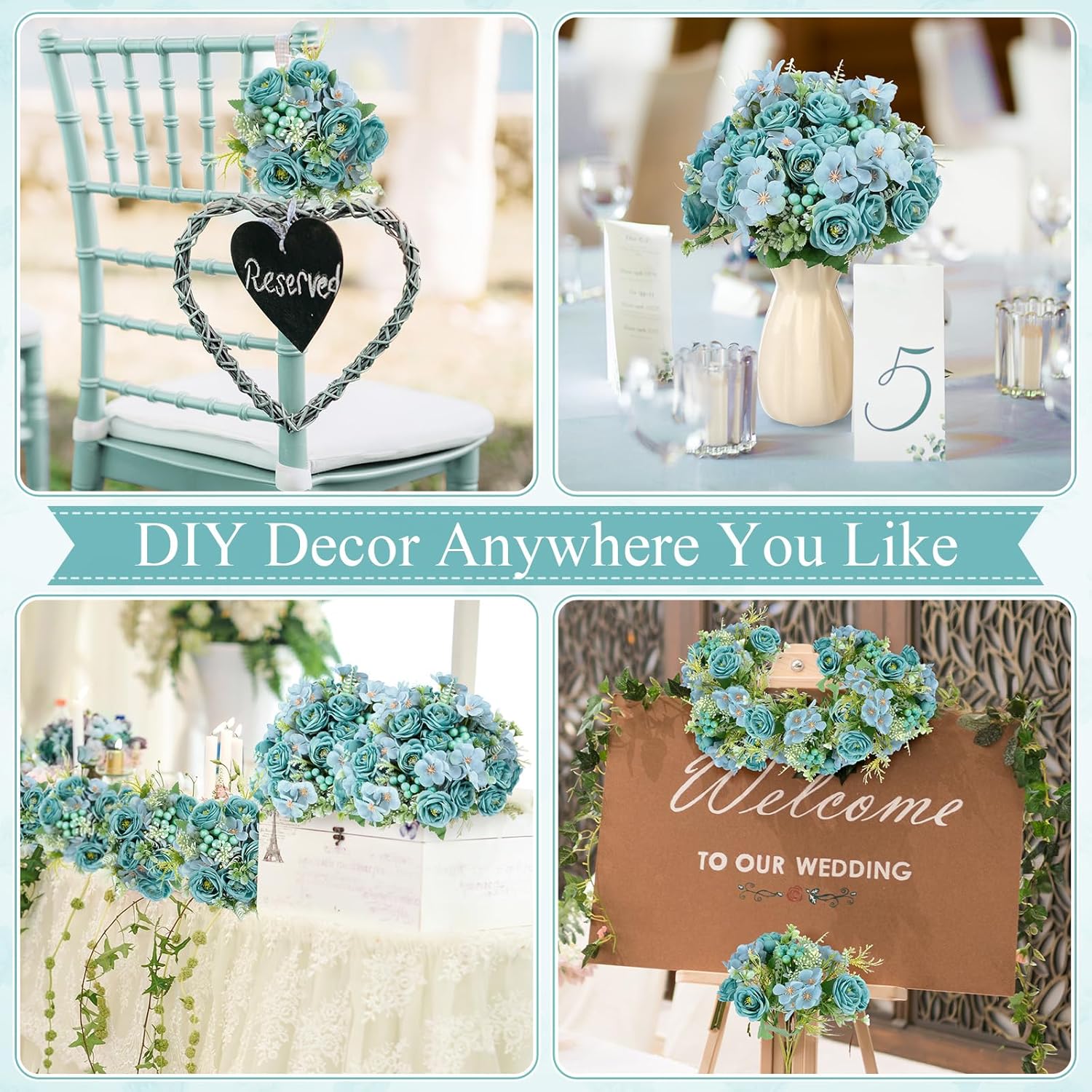 8 Pcs Wedding Artificial Rose Flowers Fake Roses Silk Hydrangea Berry Bouquet 12 Inch Faux Flowers For Bridal Wedding Party Floral Home Decoration Table Centerpieces(Teal Blue)