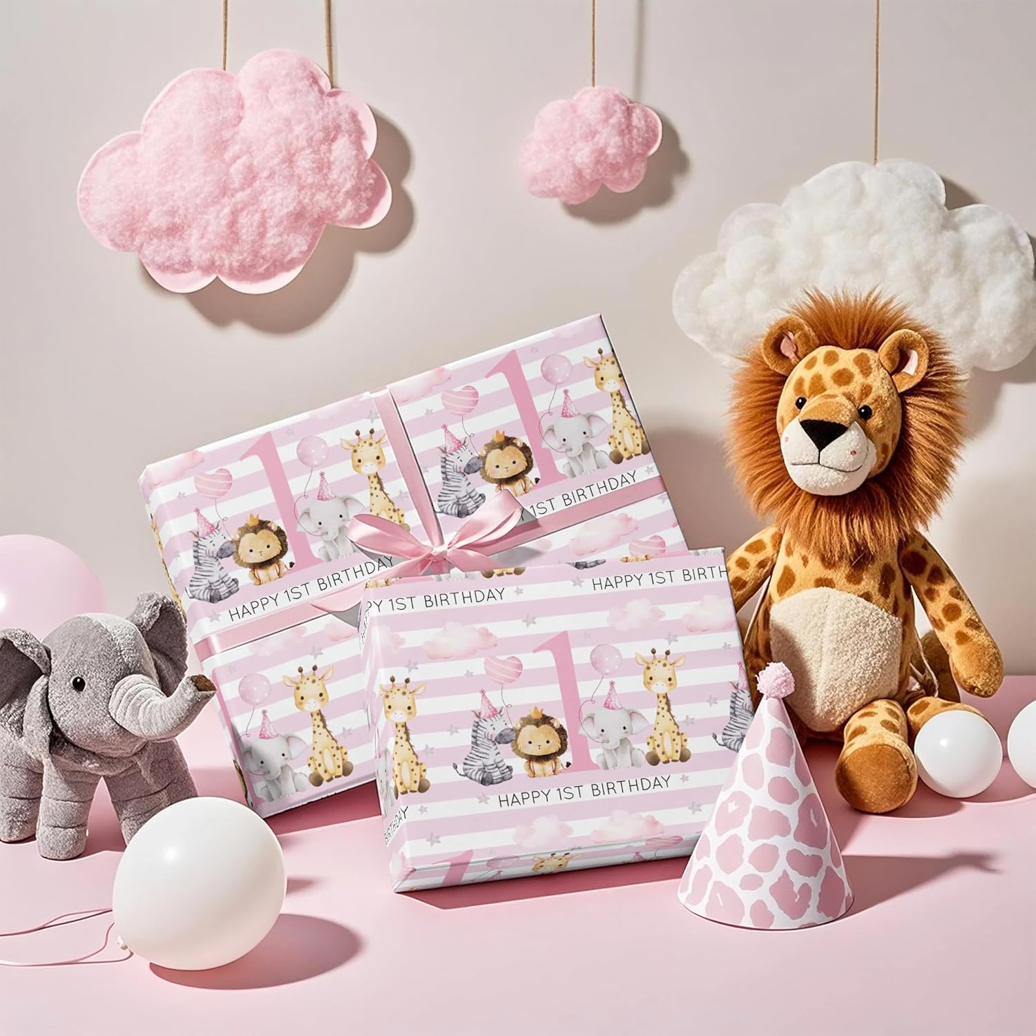Baby Girl 1St Birthday Wrapping Paper - Mini Roll - 17 Inch X 16.5 Feet - Baby Pink Adorable Jungle Animal Wrapping Paper Perfect For Kids Girls Birthday