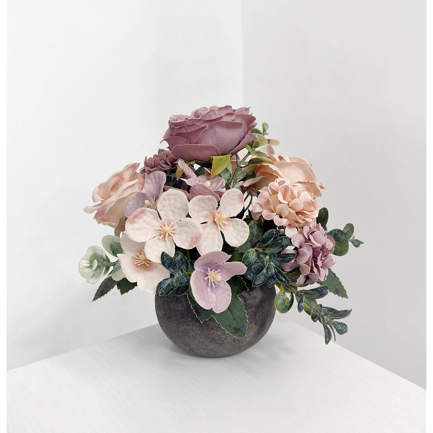 Artificial Flowers Mini Potted Plants Kit, Purple Peony Hydrangea Greenery + Paper Pulp Round Vase, Small Fake Plant Potted Decor For Offices, Bookshelf, Bedroom, Living Room, Party, Wedding