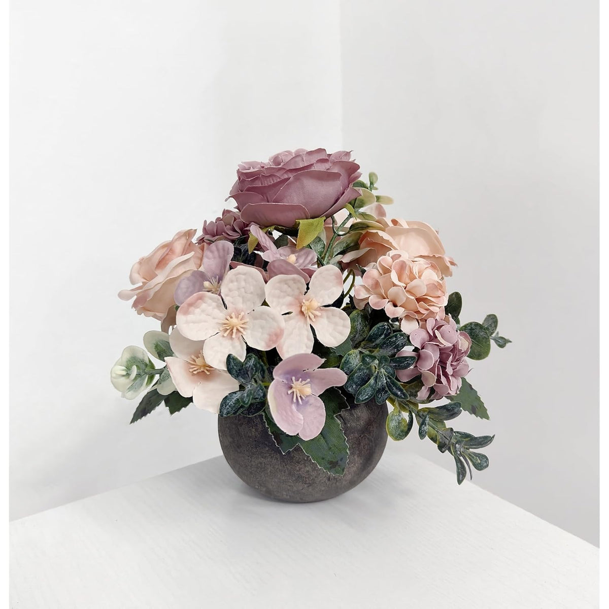 Artificial Flowers Mini Potted Plants Kit, Purple Peony Hydrangea Greenery + Paper Pulp Round Vase, Small Fake Plant Potted Decor For Offices, Bookshelf, Bedroom, Living Room, Party, Wedding