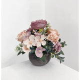 Artificial Flowers Mini Potted Plants Kit, Purple Peony Hydrangea Greenery + Paper Pulp Round Vase, Small Fake Plant Potted Decor For Offices, Bookshelf, Bedroom, Living Room, Party, Wedding