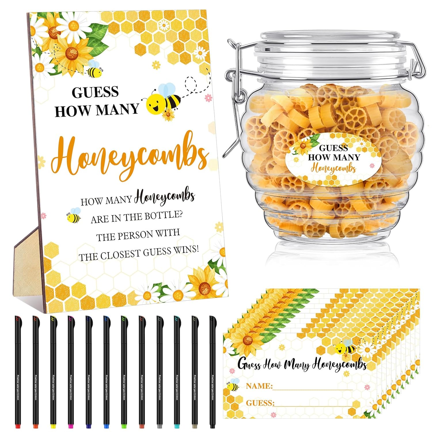 76 Pcs Bee Baby Shower Games Include Guess How Many Honeycombs Wood Sign And 60 Guessing Cards 12 Pens 2 Cute Stickers 1 Honey Jar For Baby Shower Birthday Guests Gender Reveal Party Favors