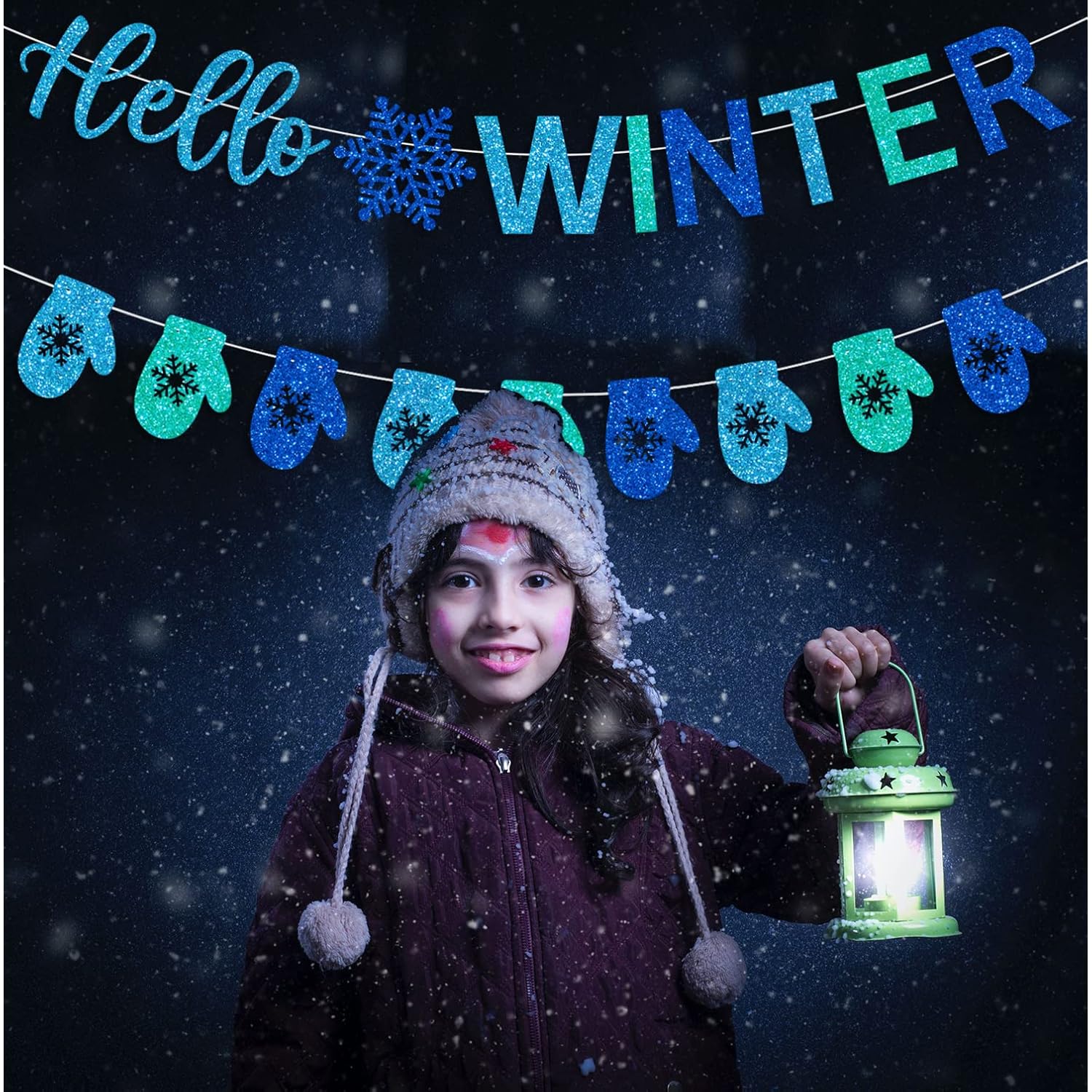 Glitter Hello Winter Banner With Snowflake Signs And Blue Glittery Gloves - Snowflake Garland For Christmas Holiday, Winter Wonderland Birthday, Baby Shower Party Mantle Decorations