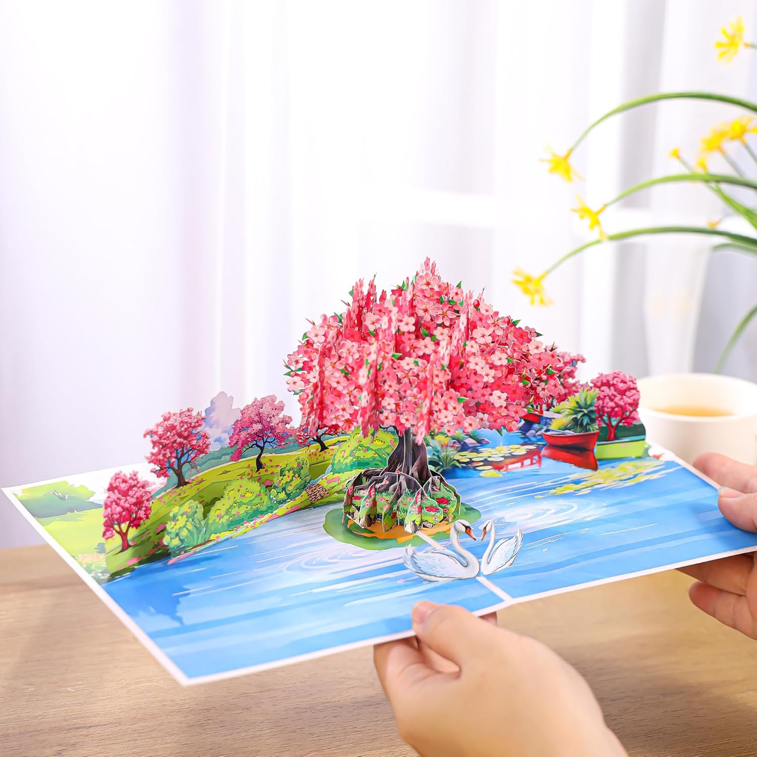 Cherry Blossom Tree Pop Up Cards, 3D Swans Couple Anniversary, Birthday Cards 6"X 8", Gift For Birthday, Wedding, Valentines, Thank You, All Occasion For Women, Wife, Mom, Her, Girlfriend, Daughter