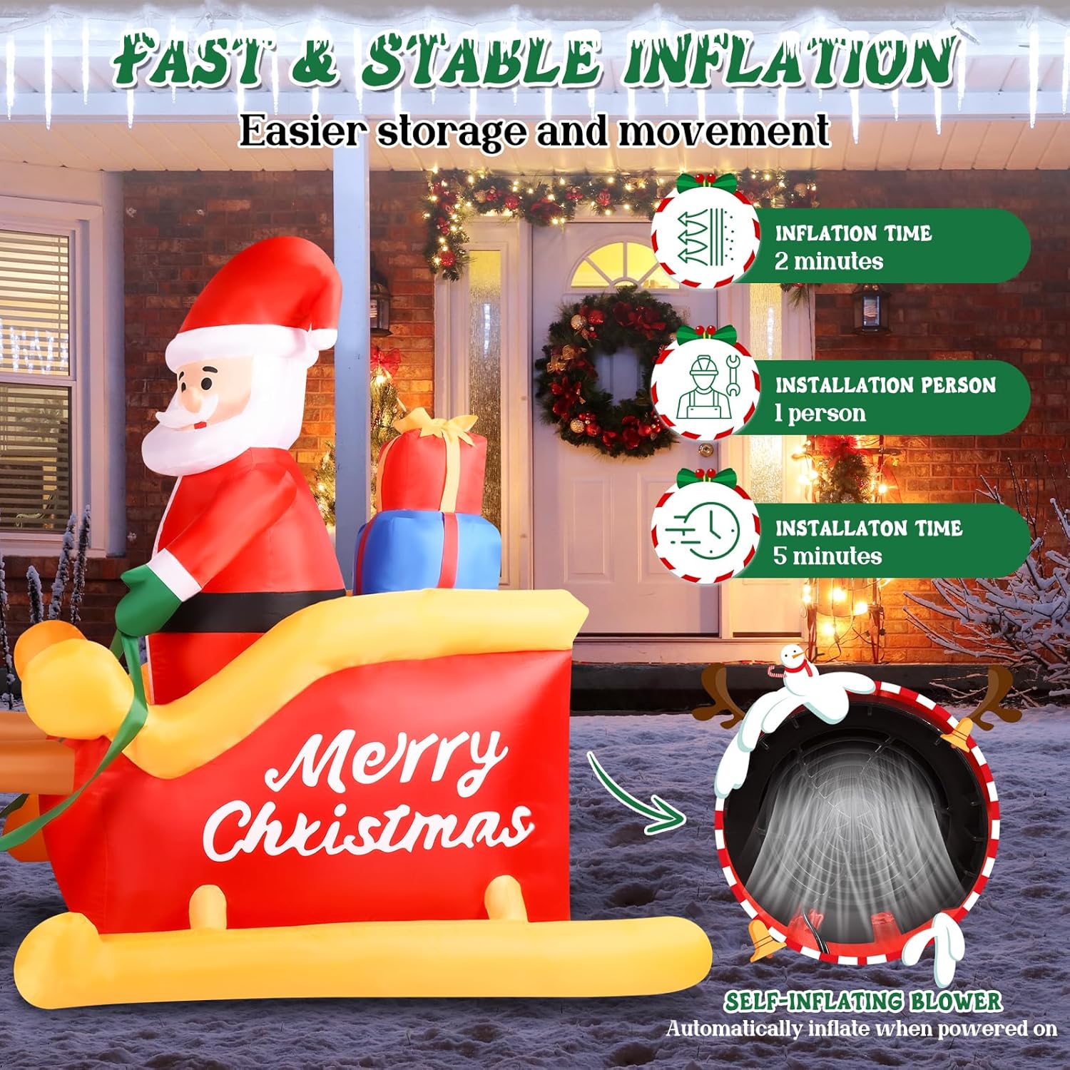 7 Ft Christmas Inflatable Decorations Santa Claus Sleigh With 2 Reindeer & Present With Built-In Led Lights, Blow Up Yar