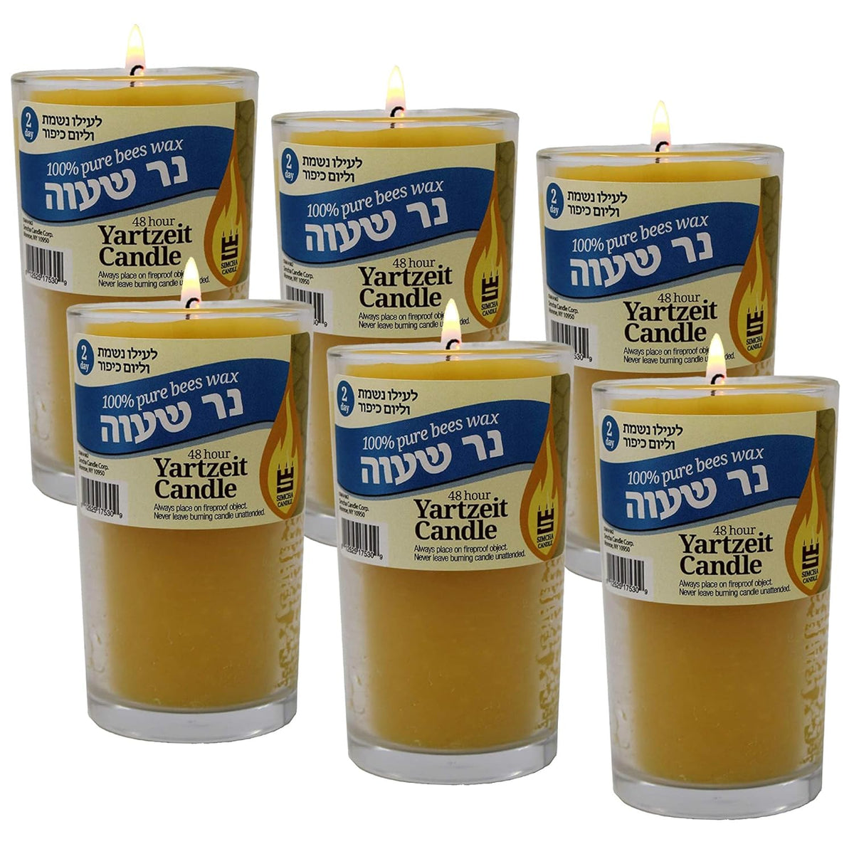 Glass Beeswax Candle - 48 Hour Burn Time | Yahrzeit Candle For Memorial, Yahrtzeit, Yizkor, And Yom Kippur | 100% Beeswax Jar Candles - 6 Pack