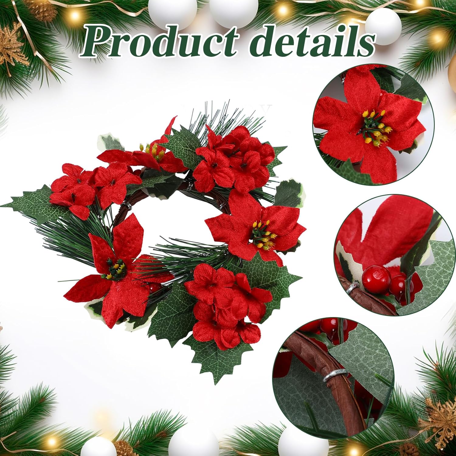 6 Pcs Christmas Candle Rings Artificial Red Poinsettia Candle Rings Christmas Table Centerpieces Decorations For Home Xmas Holiday Party Table Centerpiece