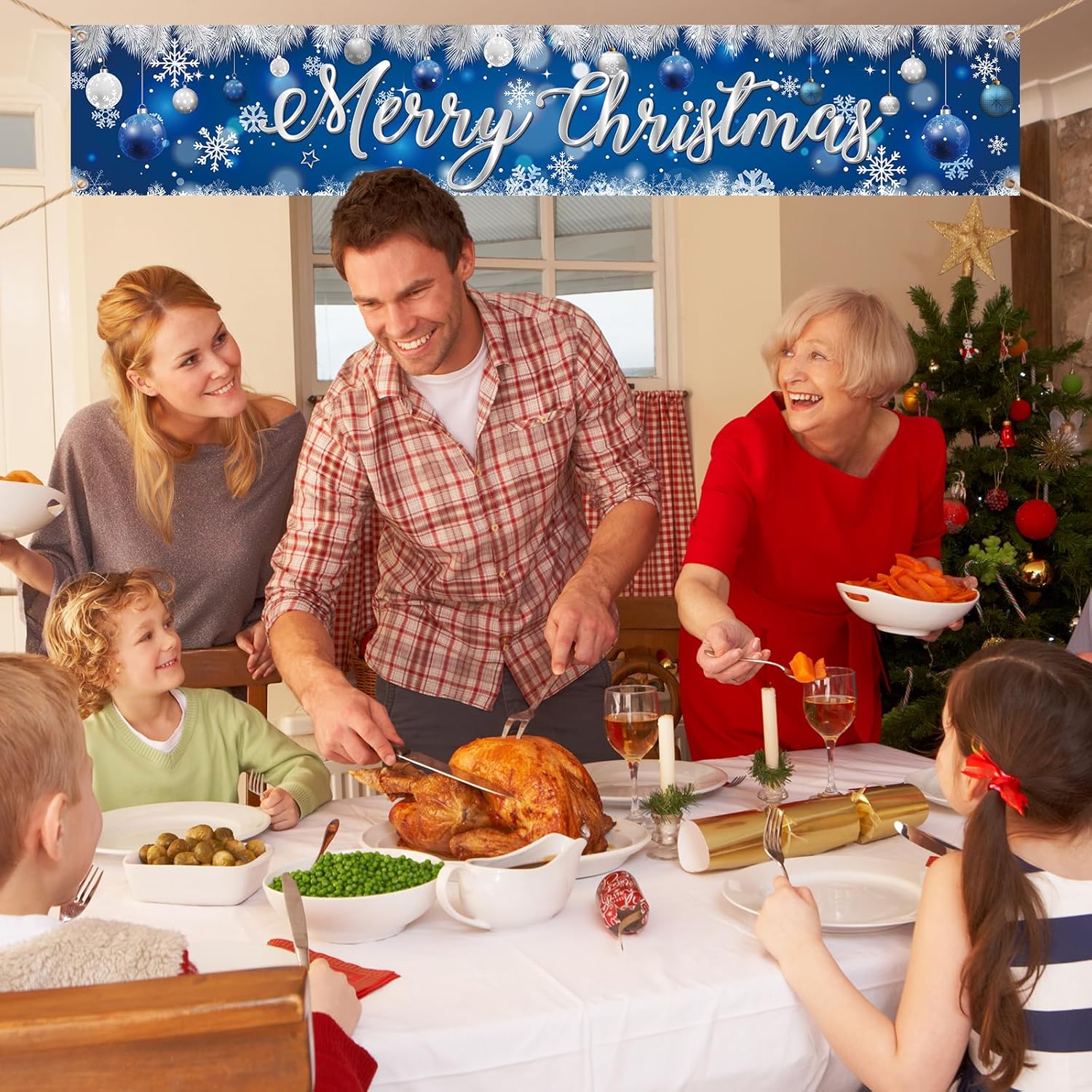 Merry Christmas Banner, Merry Christmas Sign Christmas Decorations, Large Xmas Photo Backdrop Snowflake Banner, Outside Christmas Decorations For Yard Garden Lawn House, Holiday Party Supplies