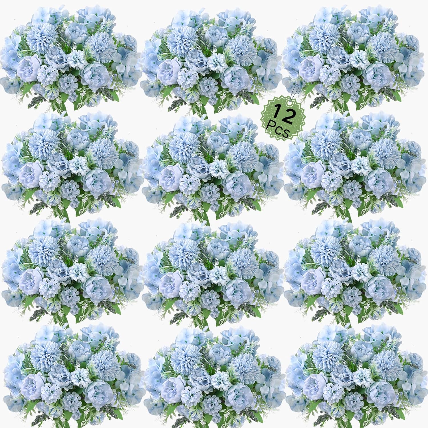 Blue Artificial Flowers, 12Pcs Fake Peony Silk Peonies For Decoration Blue Faux Flower Arrangements For Spring Office Home Decor Wedding Party (Light Blue)