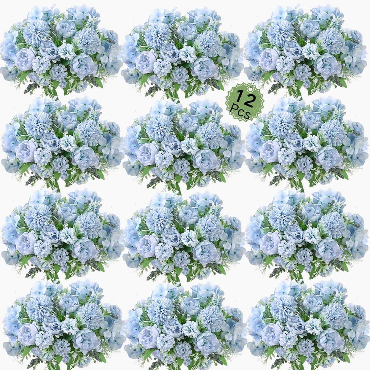Blue Artificial Flowers, 12Pcs Fake Peony Silk Peonies For Decoration Blue Faux Flower Arrangements For Spring Office Home Decor Wedding Party (Light Blue)