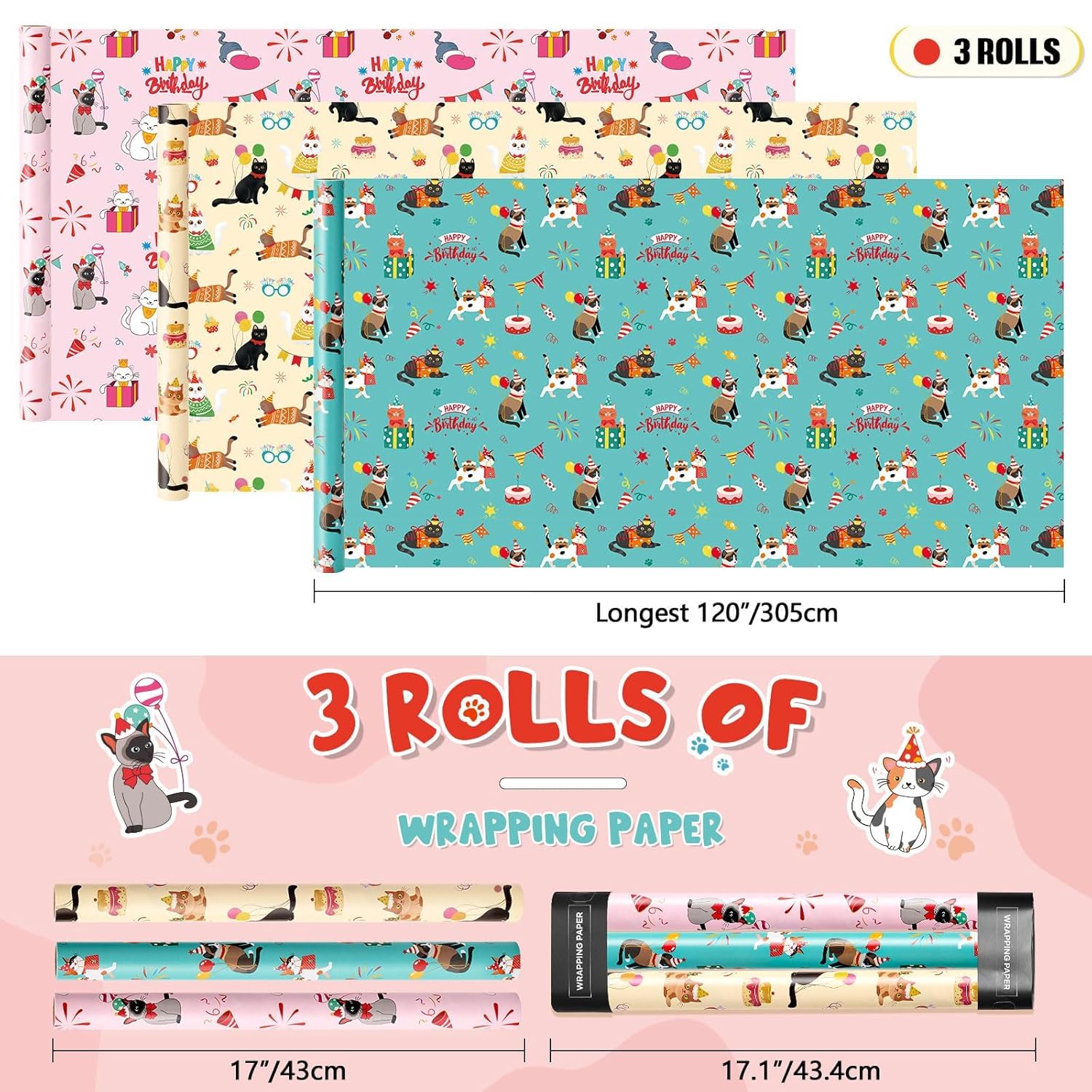 Cat Wrapping Paper Rolls - 3 Rolls 17” X 120” Happy Birthday Wrapping Paper Rolls Cat Birthday Gift Wrap Paper Rolls Kitten Wrapping Paper Bday Wrap Paper With Cutting Lines