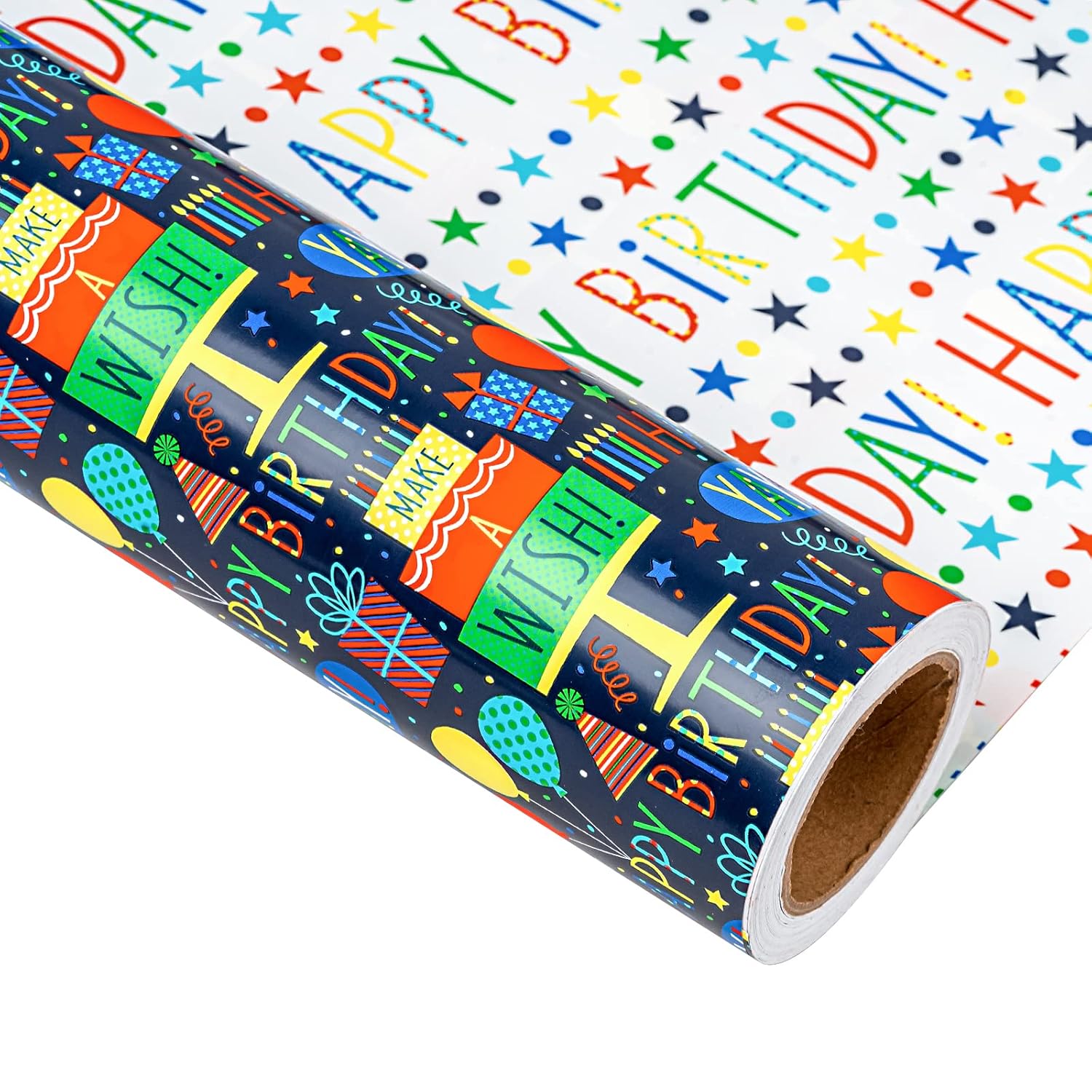 Reversible Birthday Wrapping Paper Mini Roll - 17In X 32.8Feet - Colorful Happy Birthday Lettering,Cake,Candle Pattern Kid Boys Party Gift Wrap Present Paper For Baby Shower, Holiday
