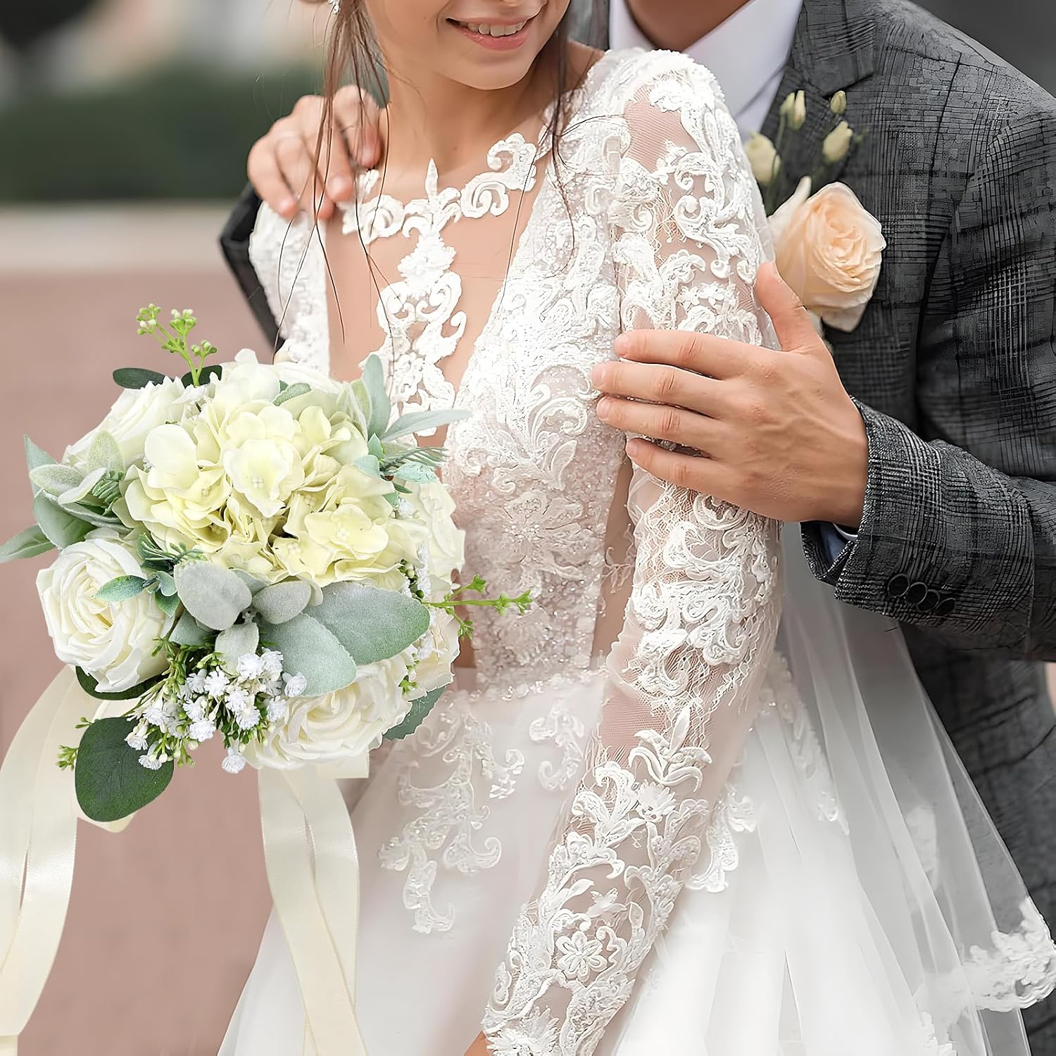 Wedding Bouquets For Bride Bridesmaid 8.5 Inch Ivory White Artificial Roses Flowers Bridal Bouquets For Bride Wedding Marriage Proposal Party Church Decoration