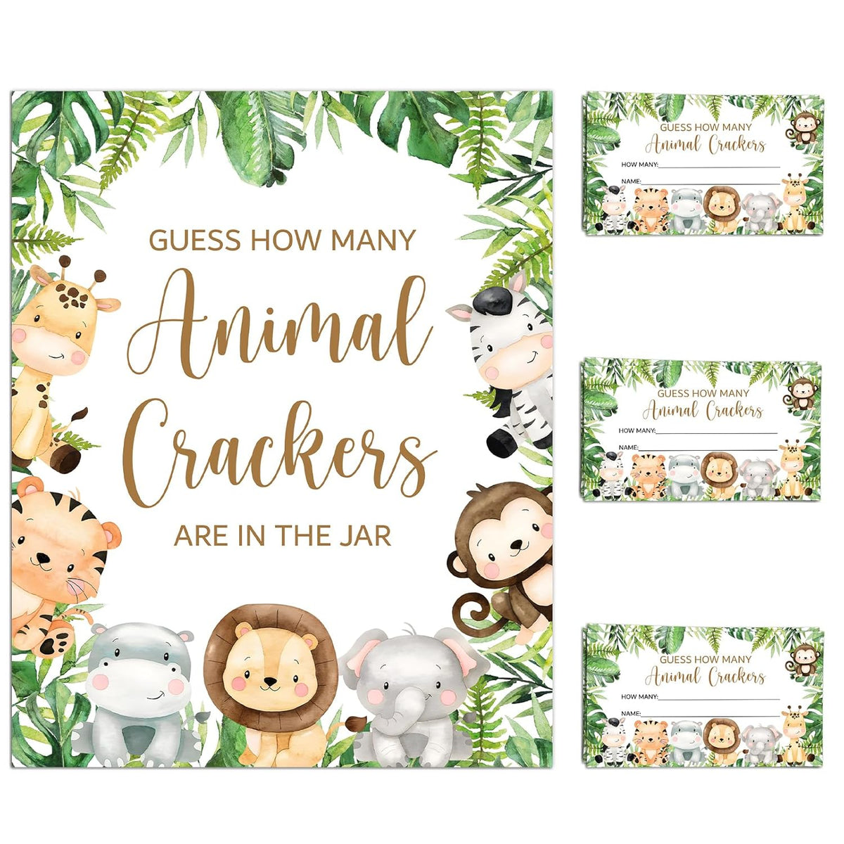 Jungle Animal Theme Guess How Many Animal Crackers Baby Shower Game, Safari Theme Party Decoration, 1 Standing Sign And 50 String Card For Baby Shower Supplies