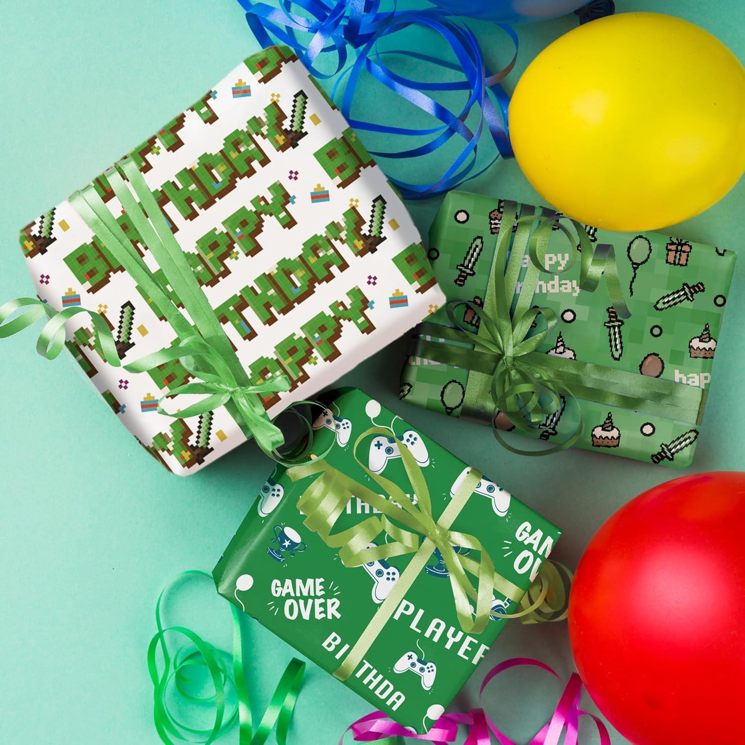 Pixel Style Birthday Wrapping Paper Roll - 17.5" × 26 Ft - Retro Video Gaming Gift Wrap With Happy Birthdy, Perfect For Birthday Christmas