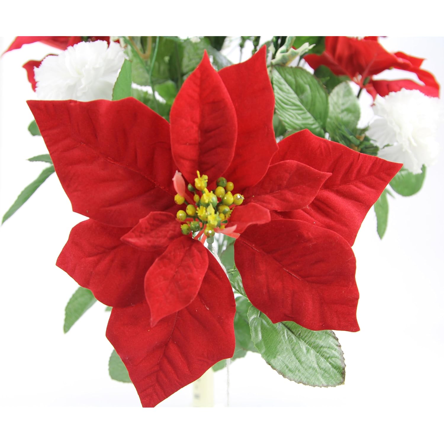 18 Stems Artificial Poinsettia Bouquet Fake Christmas Flower, Faux Velvet Poinsettia Carnations - For Home Decor, Holiday Bush, Indoor Floral, Cemetery Flowers - White/Red