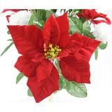 18 Stems Artificial Poinsettia Bouquet Fake Christmas Flower, Faux Velvet Poinsettia Carnations - For Home Decor, Holiday Bush, Indoor Floral, Cemetery Flowers - White/Red