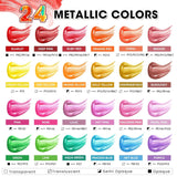 40 Pcs Metallic Acrylic Paint Set With 12 Brushes, 2 Knives & Palette, 24 Colors (2Oz/60Ml) - For Adults, Artists & Beginners - Canvas Ceramic Rock Wood Pumpkin Painting Kit