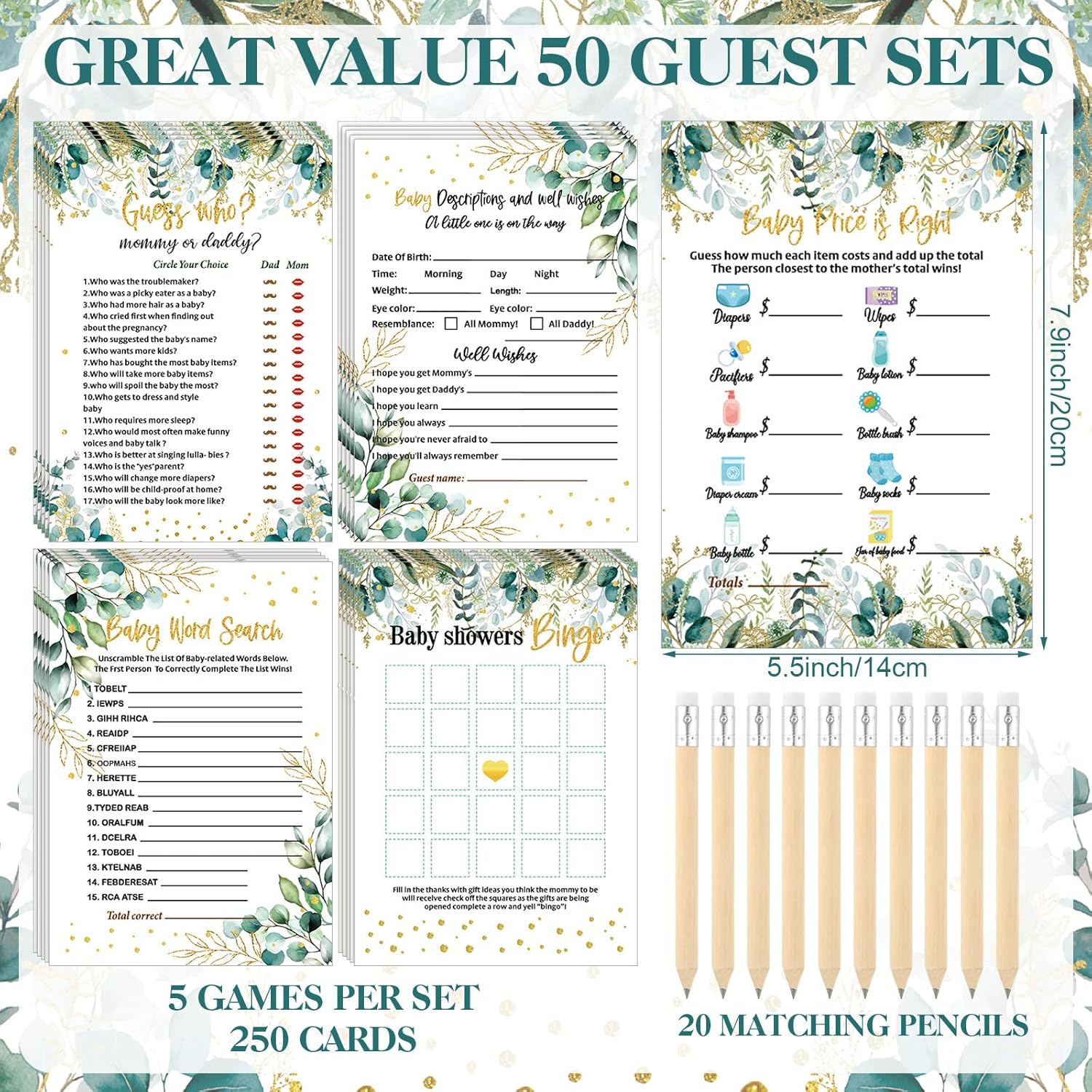 321 Pcs Greenery Baby Shower Game Decorations Sage Greenery Gender Neutral Baby Shower Decorations 5 Set Games Bingo Don'T Say Eucalyptus Clothespins For Gender Reveal Birthday Party Supplies