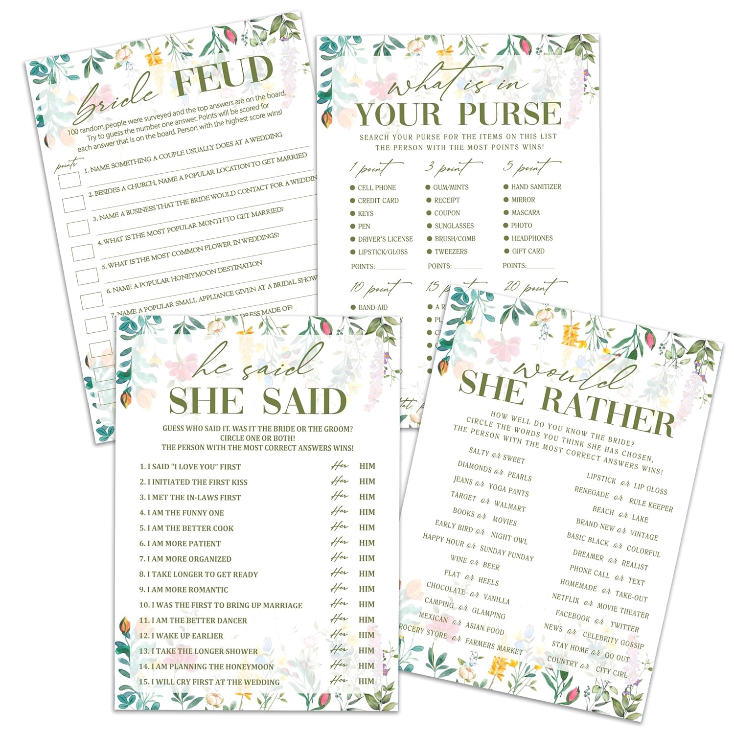 Wildflower Bridal Shower Games Set, 4 Games Includes He Said She Said, Would She Rather, What Is In Your Purse, Bride Feud, 50 Double-Sided Cards, Wedding Party Supplies -02