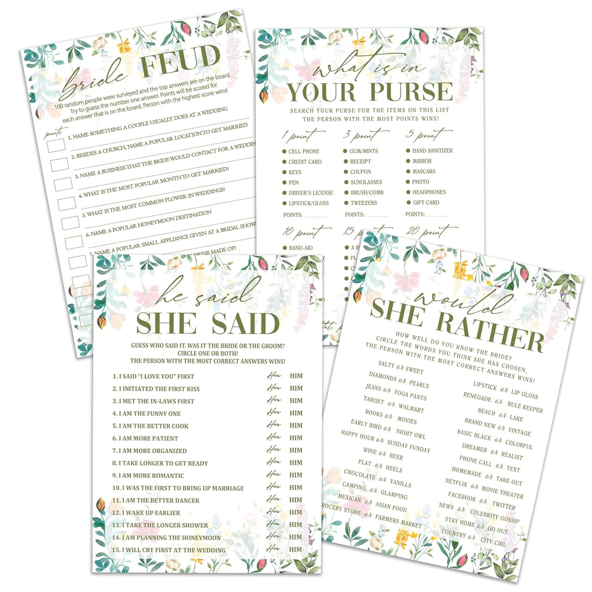Wildflower Bridal Shower Games Set, 4 Games Includes He Said She Said, Would She Rather, What Is In Your Purse, Bride Feud, 50 Double-Sided Cards, Wedding Party Supplies -02