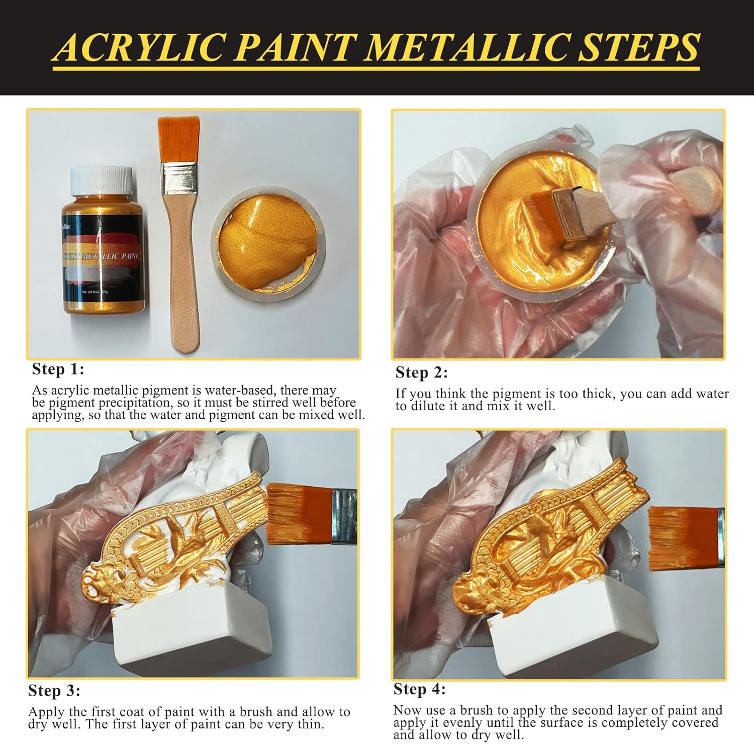 Acrylic Paint Metallic, 3Pcs 13.5Oz(375G) Gold & Silver & Bronze, Gold Leaf Paint For Art Painting, Ideal For Canvas, Wood, Clay, Fabric, Ceramic, Stone, Glass Craft Supplies