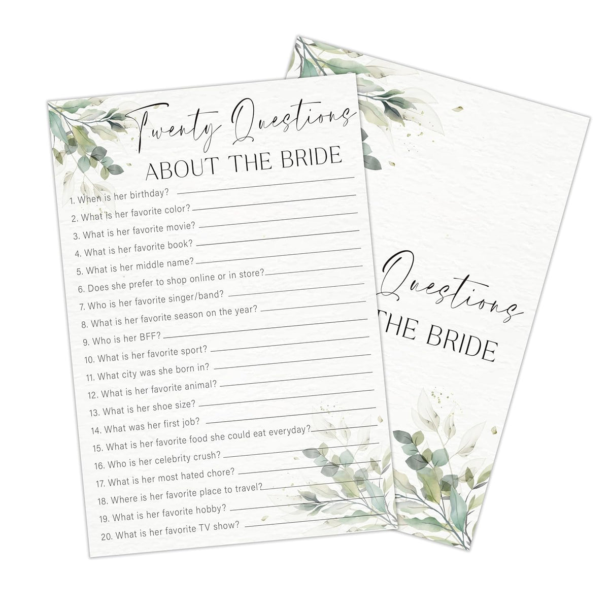 Greenery Wedding Shower Games, 20 Questions About The Bride, 30 Elegant Bridal Shower Activity For Bachelorette Engagement Party Supplies Favors- B04