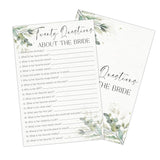Greenery Wedding Shower Games, 20 Questions About The Bride, 30 Elegant Bridal Shower Activity For Bachelorette Engagement Party Supplies Favors- B04