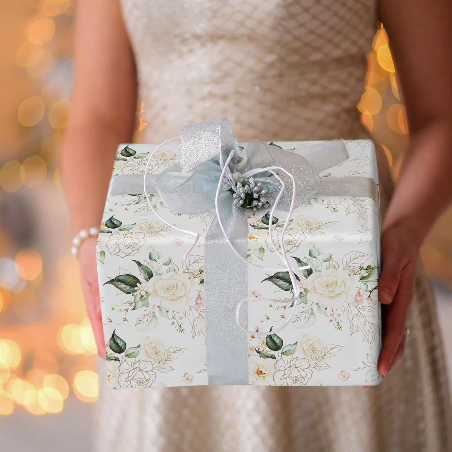 Floral Wedding Wrapping Paper Roll - 17.5 Inches * 33 Ft - Reversible Gift Wrap With Green Solid Back, Perfect For Wedding Bridal Shower Birthday Valentine’S Day