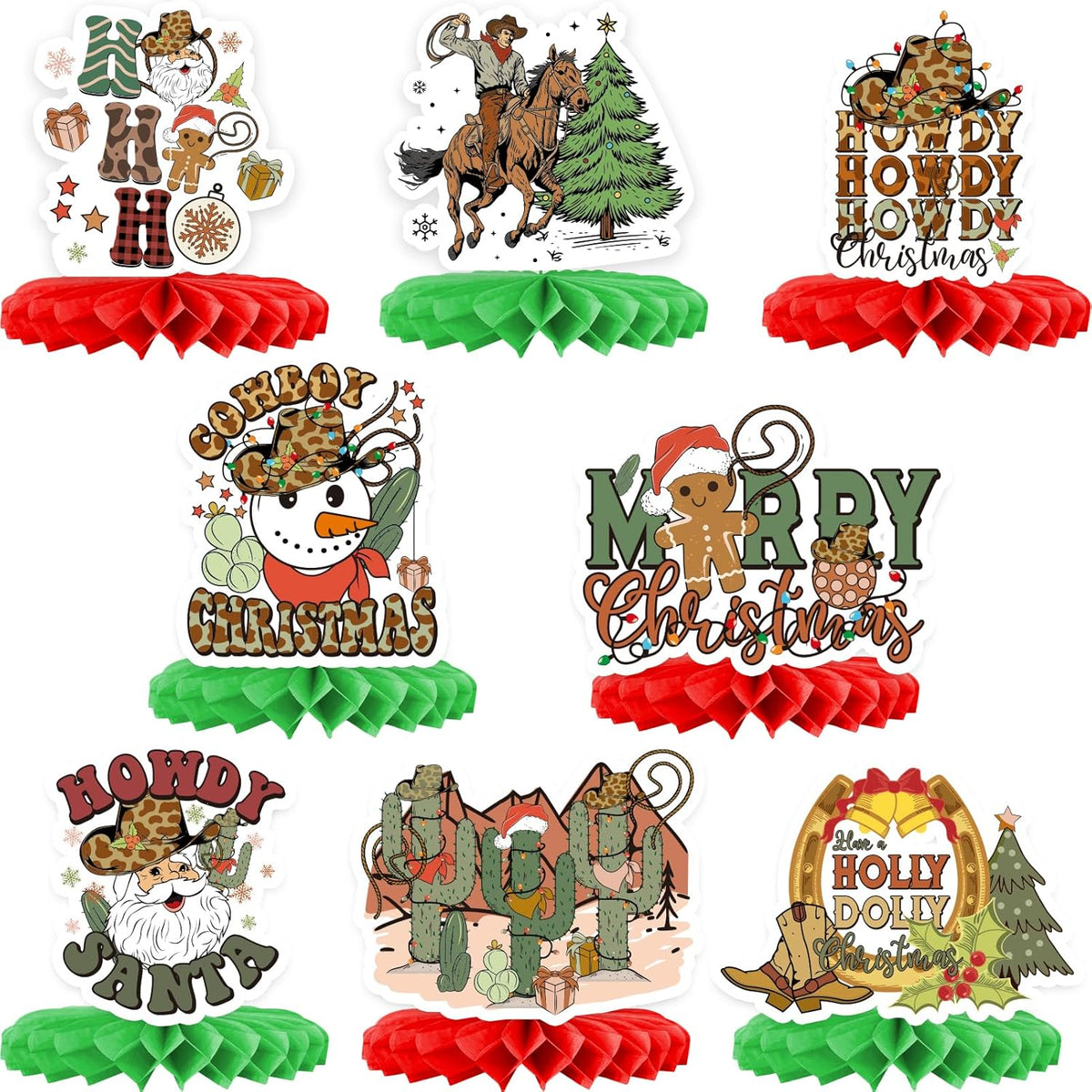 Merry Christmas Honeycomb Centerpiece Decorations, 8Pcs Western Cowboy Merry Christmas Honeycomb Centerpieces, 3D Double Sided Printing For Christmas Holiday Christmas Birthday Table Decorations