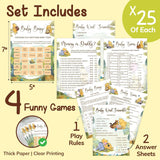 Winnie Baby Shower Games Boy - Pooh Baby Shower Bingo Cards For 25 Guests, Word Scramble Guess Who Mommy Or Daddy Game Ideas For Party Decorations