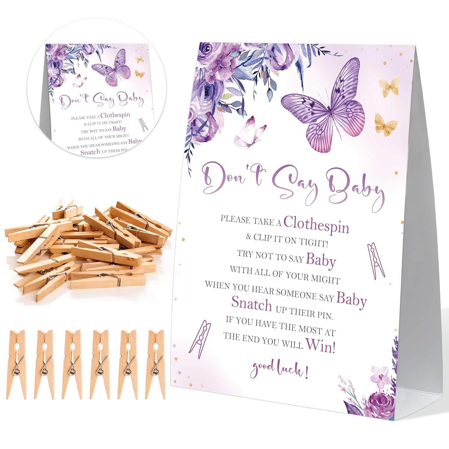 Dont Say Baby Baby Shower Game, Purple Butterfly Baby Shower Sign And 50 Clothespins, Gender Reveal Games, Baby Shower Centerpieces, Baby Shower Gifts For Gender Reveal Party, Baby Shower,1