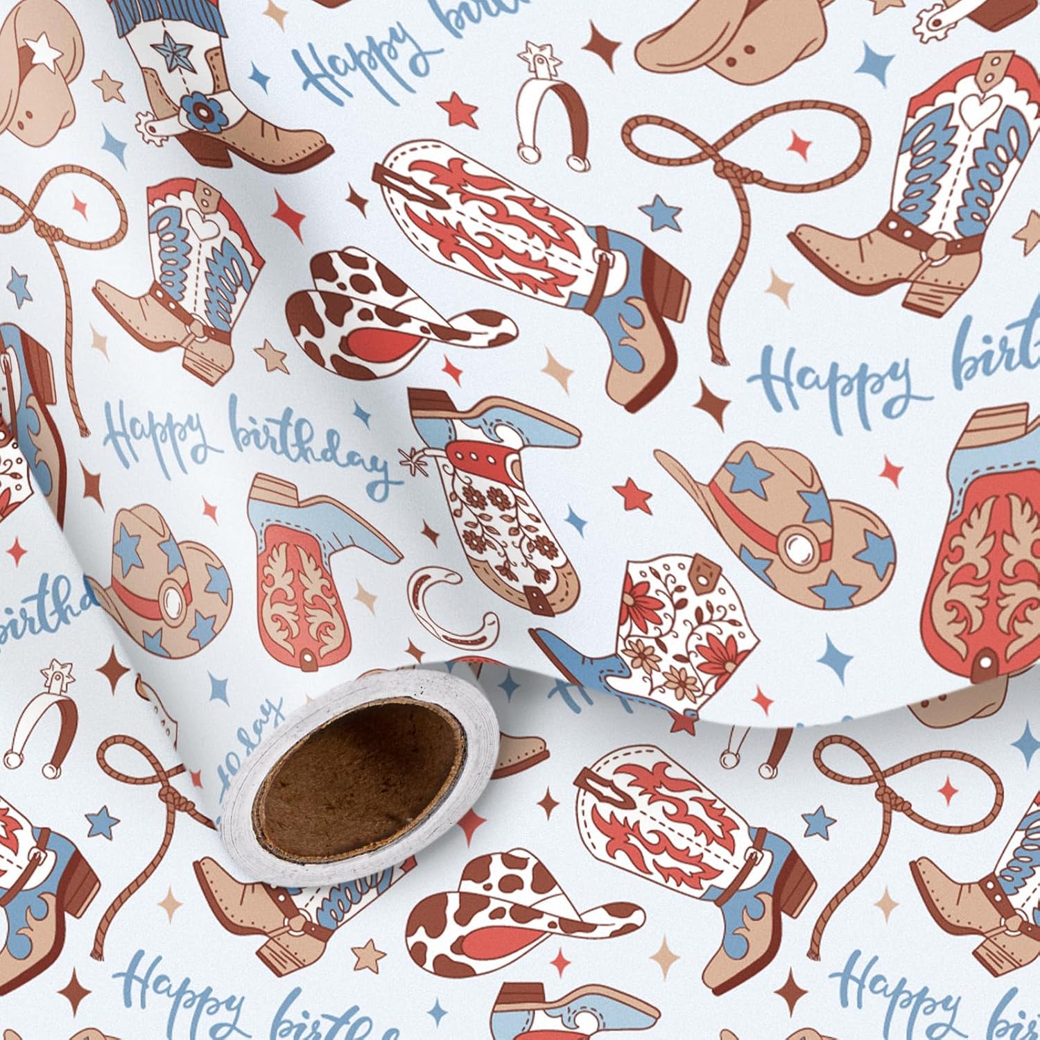 Cowboy Birthday Wrapping Paper Roll For Boys Kids Teens, Western Boots Hats Lasso Blue Design With Happy Birthday Text Gift Wrap, Mini Roll 17 In X 16.4 Feet