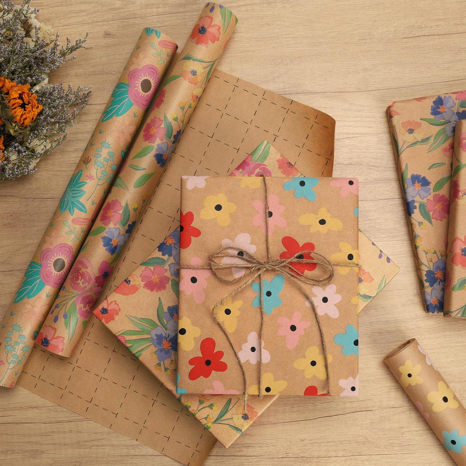 Kraft Floral Wrapping Paper Roll - 17 Inches X 33 Feet (47 Sq. Ft. Ttl.) Colorful Abstract Daisy Design Flower Gift Wrap For Valentine'S Day, Wedding, Bridal Shower, Birthday, Engagement