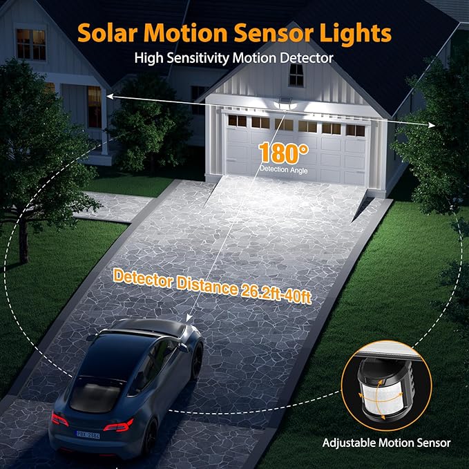 2 Pack 4500LM Solar Security Lights 3 Head Motion Sensor IP65 Waterproof Flood Lights