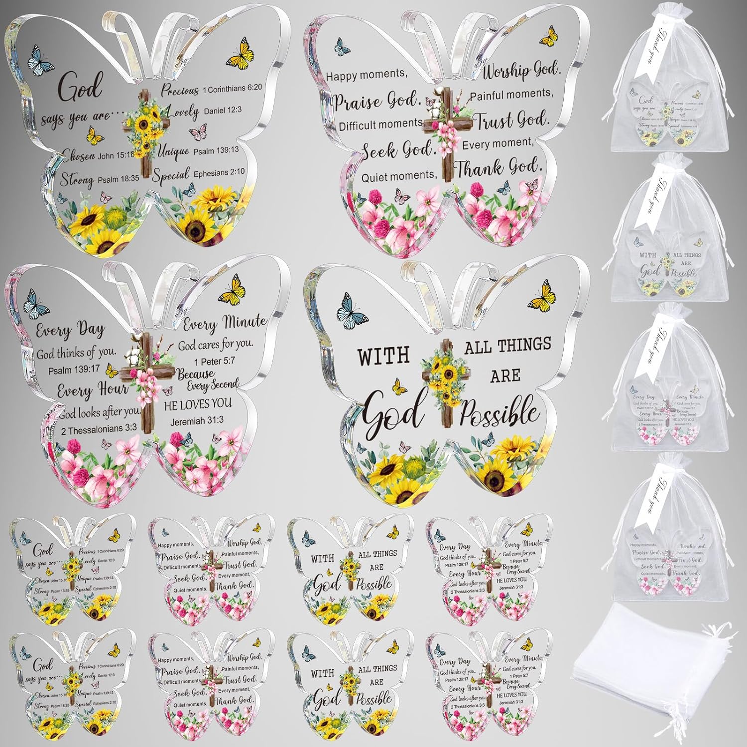 12 Set Acrylic Christian Gifts For Women Mother'S Day Inspirational Gifts With Bible Verse Include 12 Butterfly Paperweight 12 Bags 12 Thank You Cards Scripture Religious Gift For Mother Women