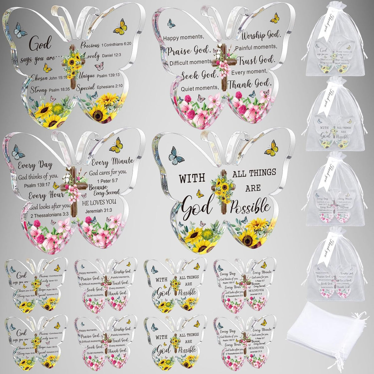 12 Set Acrylic Christian Gifts For Women Mother'S Day Inspirational Gifts With Bible Verse Include 12 Butterfly Paperweight 12 Bags 12 Thank You Cards Scripture Religious Gift For Mother Women